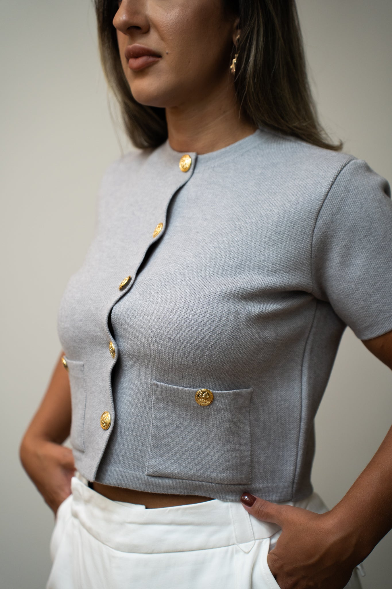 Casaqueto em Tricot Cinza Claro