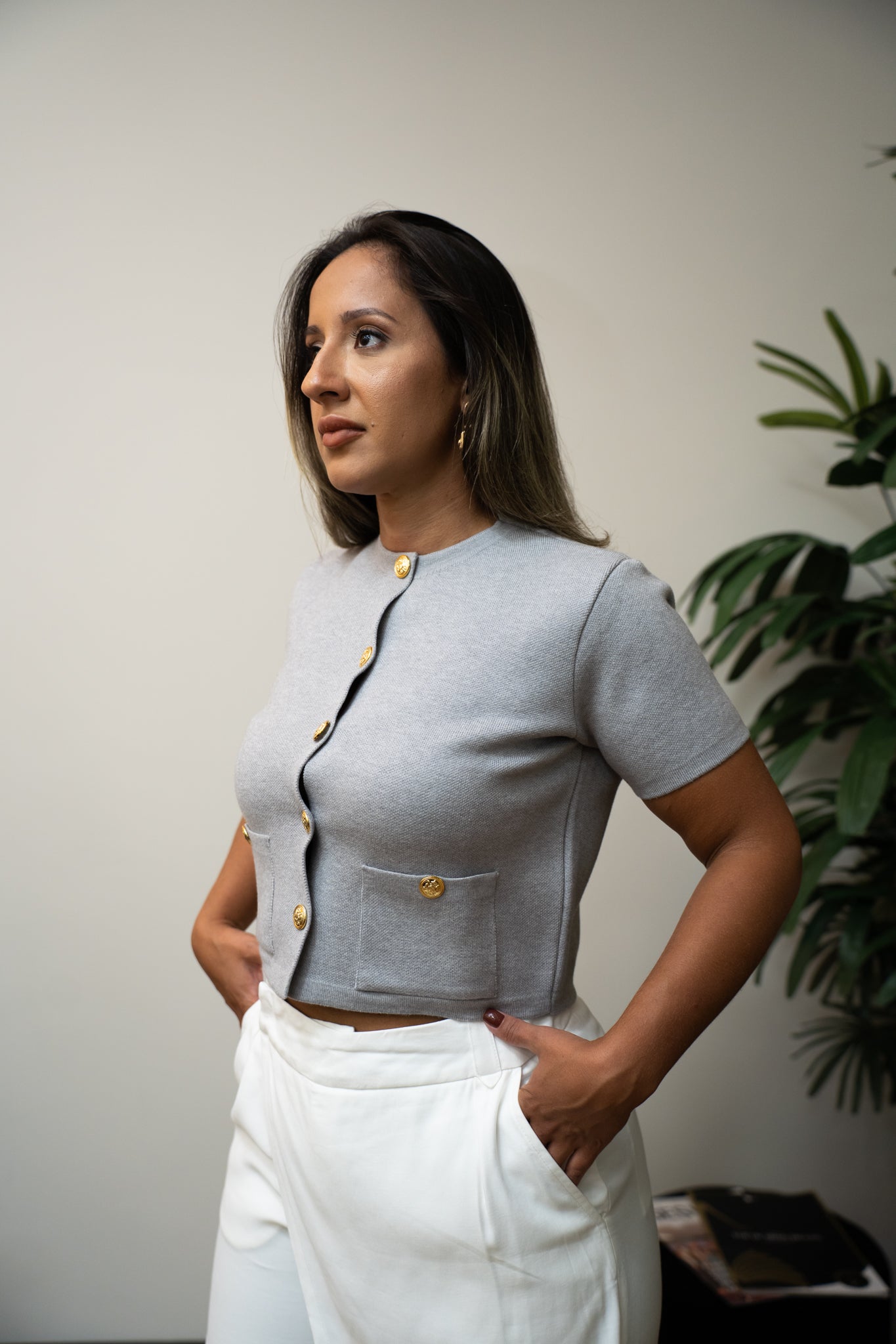 Casaqueto em Tricot Cinza Claro